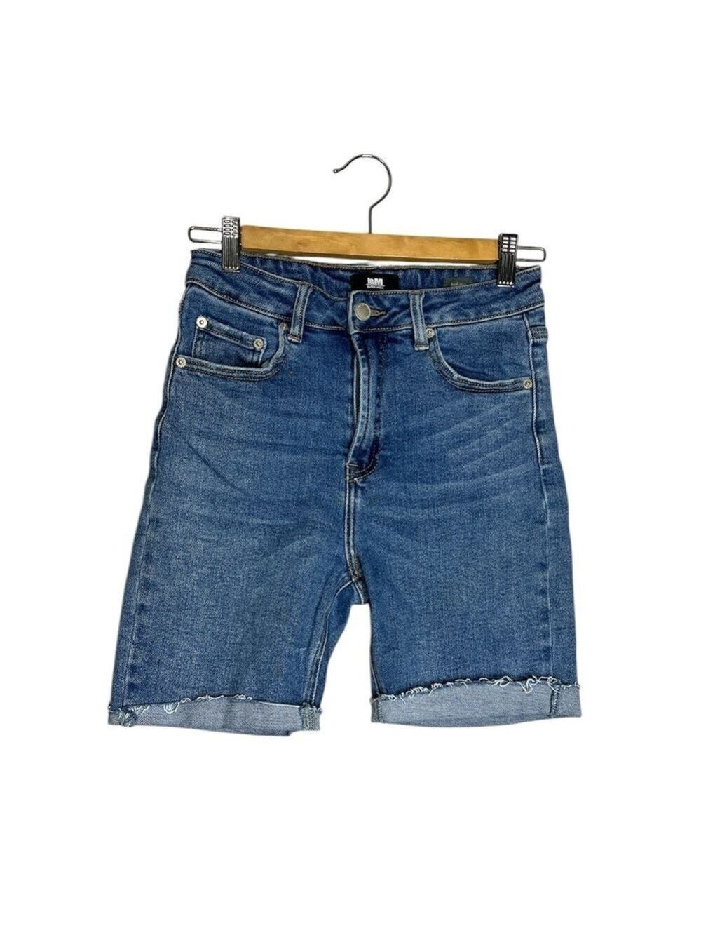 I&M High Rise Bermuda Blue Denim Shorts Rolled Hem, size M